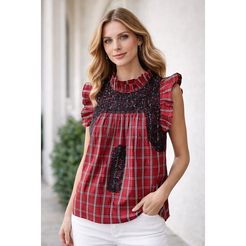 j.marie Rayna Embroidered Tartan Plaid Cap Sleeve Ruffle Neck Top Size S.